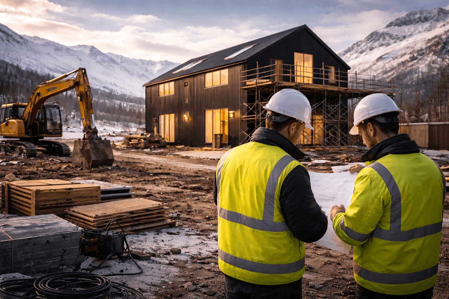 Trésmiður að skoða teikningar og timbur.