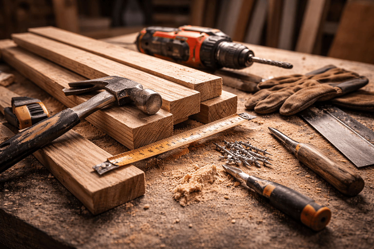 Nærmynd af trésmíði, verkfærum og viðarplönkum á vinnuborði.